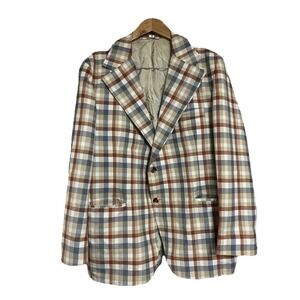 Vintage 70s Plaid Sport Coat Blazer 46R Wide Lapel Retro Mid-Century